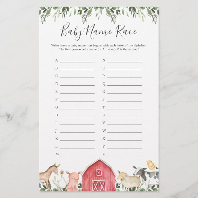 On The Farm Baby Shower Name Race Game (Front)