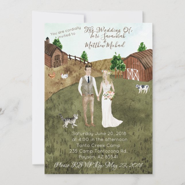On The Farm Wedding Invitation - With Pet Cat (Front)