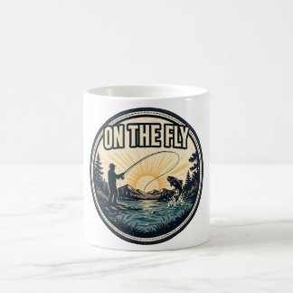 On The Fly — Fly Fisherman Casting at Sunrise with Coffee Mug