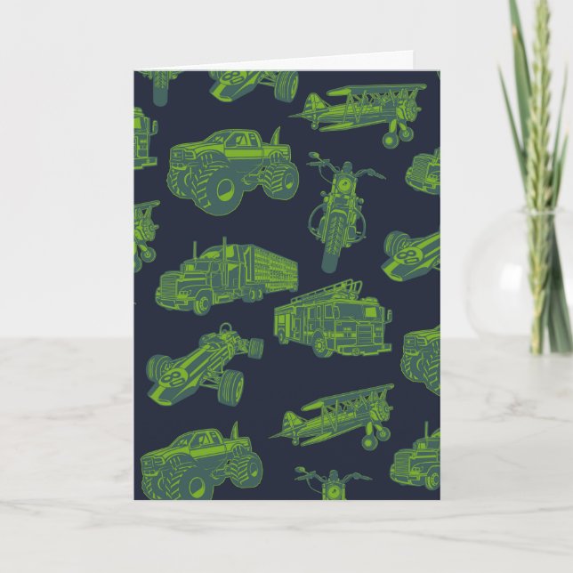 On the Go Blue & Green Moving Vehicles Cars Boys Card (Front)