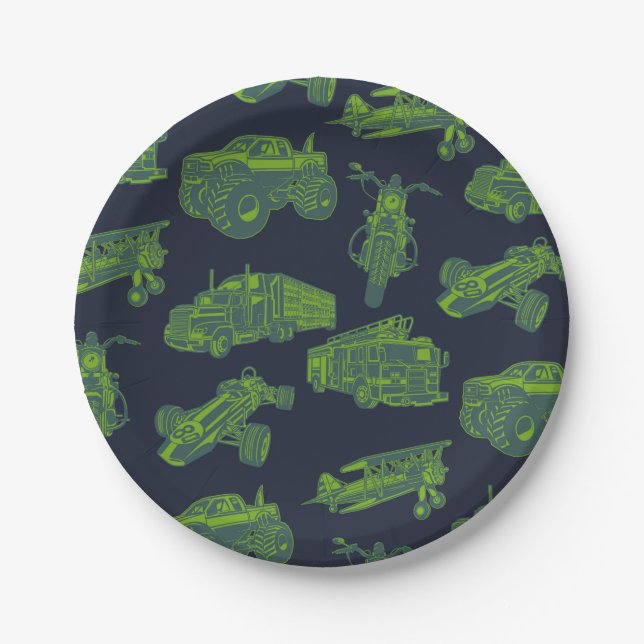 On the Go Blue & Green Moving Vehicles Cars Boys Paper Plate (Front)