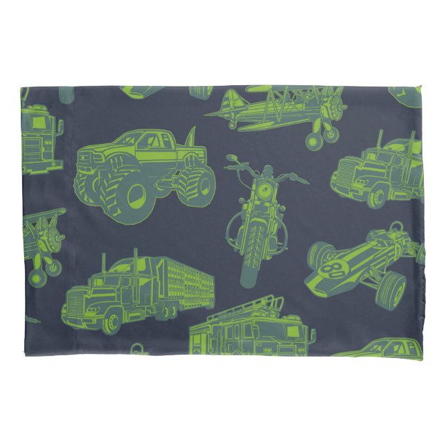 On the Go Blue & Green Moving Vehicles Cars Boys Pillowcase (Front)