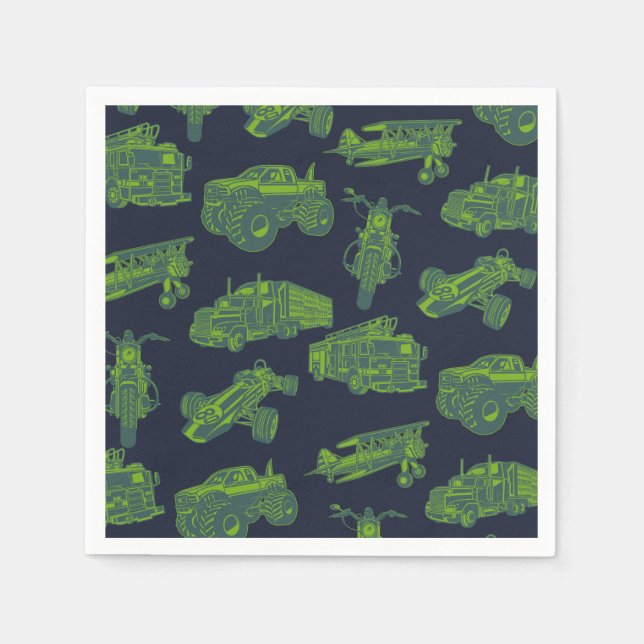 On the Go Blue & Green Moving Vehicles Cars Party Napkin (Front)