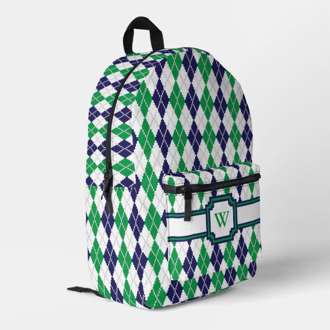 On the Green Argyle Printed Backpack (Back Corner Left)
