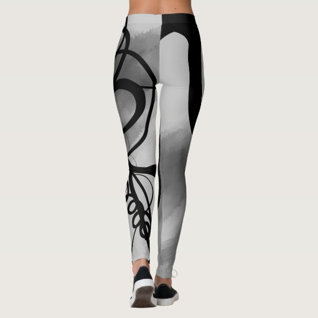 On the Grid: Abstract Grey, Black & White Leggings (Back)