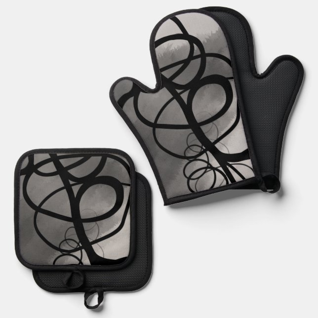 On the Grid: Abstract Grey, Black & White Oven Mitt & Pot Holder Set (Front/Back)