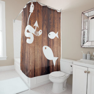 On the Hook Worm & Fish Rustic Wood Shower Curtain