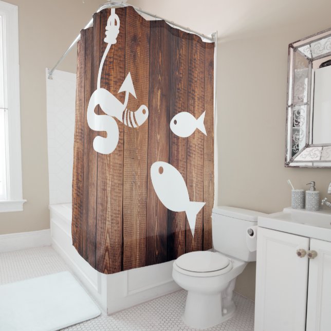 On the Hook Worm & Fish Rustic Wood Shower Curtain (In Situ)