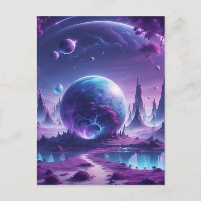On the magical purple and blue fantasy planet, the holiday postcard (Front)