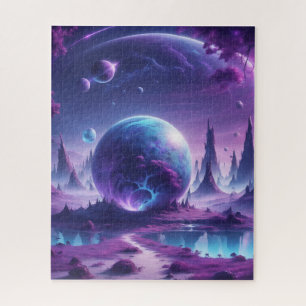 On the magical purple and blue fantasy planet, the jigsaw puzzle