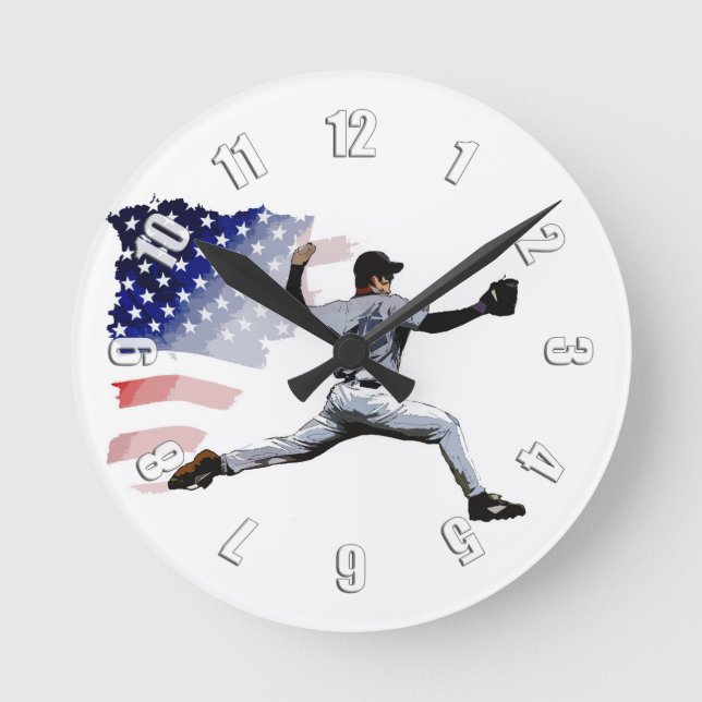 On The Mound - Baseball Player and US Flag  Round Clock (Front)