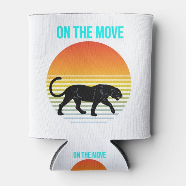On the Move – Panther Walking Under a Retro Sunset Can Cooler (Front)