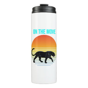 On the Move – Panther Walking Under a Retro Sunset Thermal Tumbler