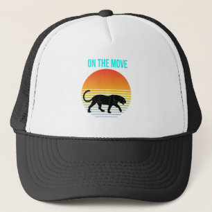 On the Move – Panther Walking Under a Retro Sunset Trucker Hat