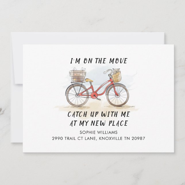 On the Move with Cat Bicycle New Address Moving Announcement (Front)