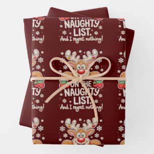 On The Naughty List And I Regret Nothing Reindeer Wrapping Paper Sheet