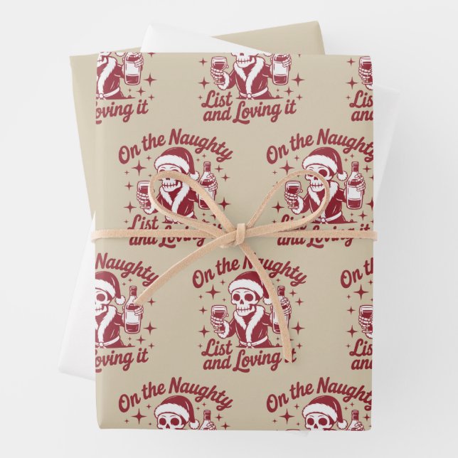 On The Naughty List And Loving It Wine Christmas Wrapping Paper Sheet (In situ)