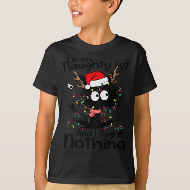 On The Naughty List I Regret Nothing Cat Christmas T-Shirt (Front)