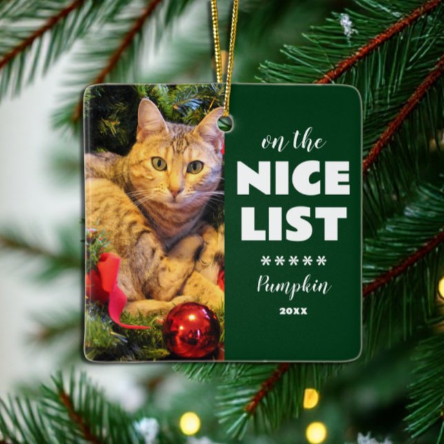 On The Nice List Christmas Cat Pet Photo Ceramic Ornament (Creator Uploaded)