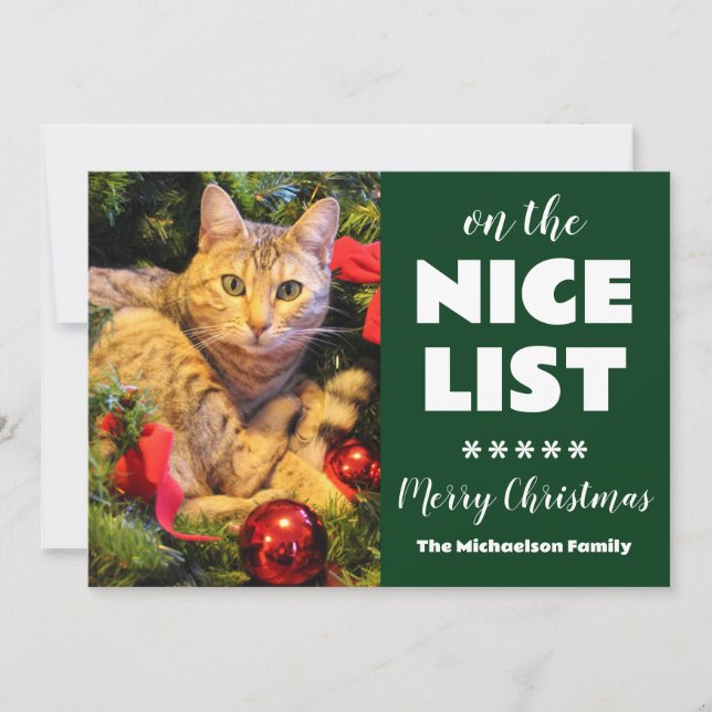 On The Nice List Christmas Cat Pet Photo Holiday Card (Front)