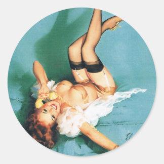 On the Phone - Vintage Pin Up Girl Classic Round Sticker