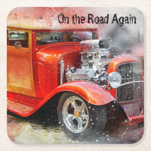 On the Road Again Drag Car Square Paper Coaster