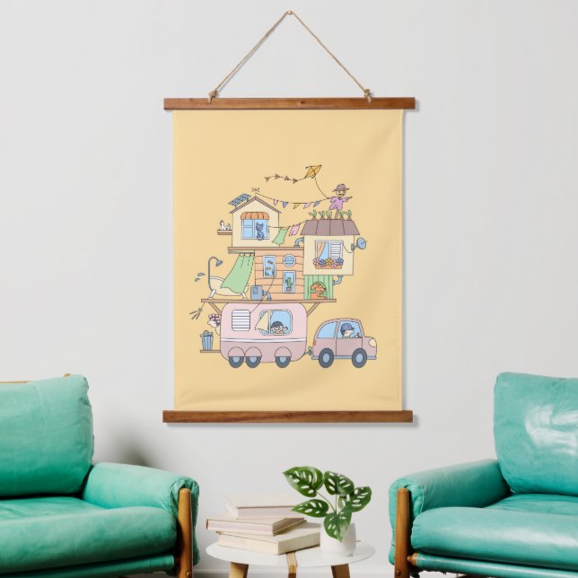On the Road Family Camping Trailer on Yellow Hanging Tapestry (Living Room)
