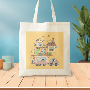 On the Road Family Camping Trailer on Yellow Tote Bag
