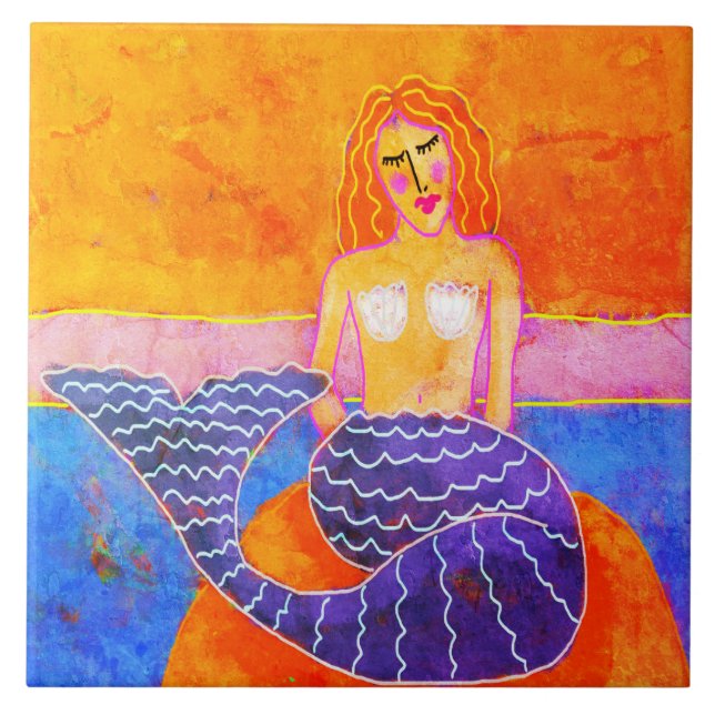 On the Rocks Abstract Mermaid Painting Ceramic Tile (Front)