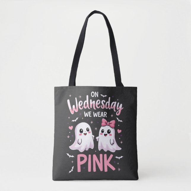 On Wednesday We Wear Pink Spooky Halloween Skull Tote Bag (Front)