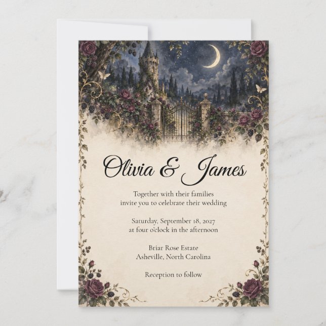 Once Upon a Midnight Moonlit Tower Wedding Invitation (Front)