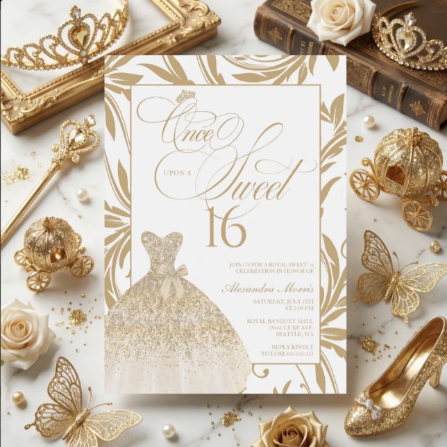 Once Upon a Sweet 16 Gold Princess Birthday Invitation (Princess Sweet 16 Invitation | Once Upon a Sweet 16 | Gold Sweet 16)