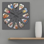 Once Upon a Time 12 Heart Shaped Photos Dark Gray Square Wall Clock<br><div class="desc">Create your own multi photo clock to tell your story - the center of the clock face is lettered with "Once upon a time" in handwritten typography. Use the photo template to add 12 of your favorite photos, which will be displayed in heart shaped frames. The design uses portrait vertical...</div>
