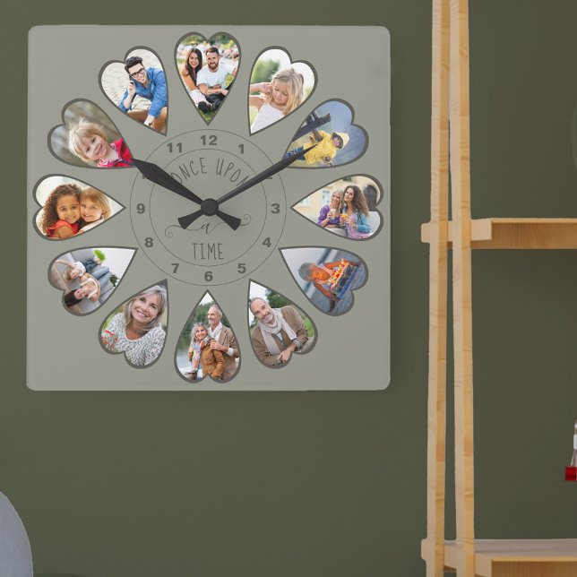 Once Upon a Time 12 Heart Shaped Photos Green Square Wall Clock (Photo clock with 12 heart shaped photos. Unusual design for your home and a thoughtful photo gift.)
