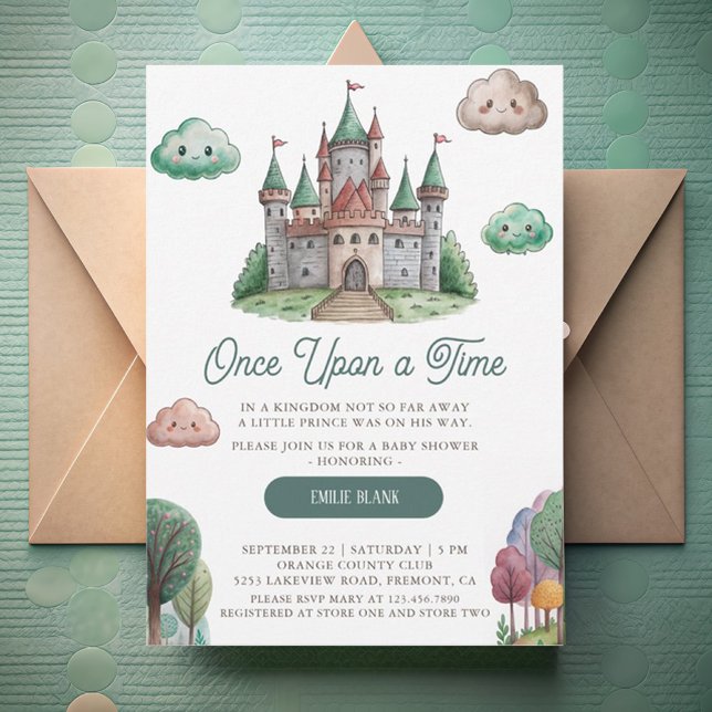 Once Upon a Time Green Castle Pastel Baby Shower Invitation (Creator Uploaded)