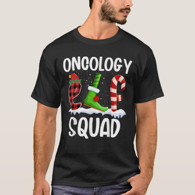 Oncology Elf Squad Funny Oncology Nurse Elf Christ T-Shirt (Front)