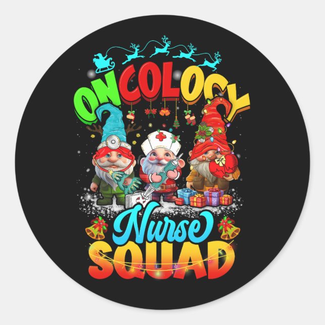 Oncology Nurse Squad Christmas Gnomes Ugly Sweater Classic Round Sticker (Front)