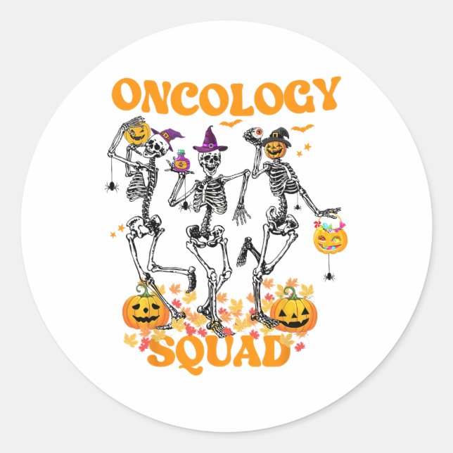Oncology Squad Skeleton Pumpkin Fall Leaves Spooky Classic Round Sticker (Front)