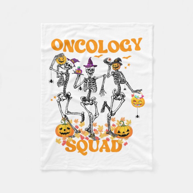 Oncology Squad Skeleton Pumpkin Fall Leaves Spooky Fleece Blanket (Front)