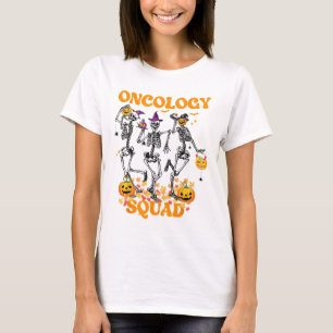 Oncology Squad Skeleton Pumpkin Fall Leaves Spooky T-Shirt