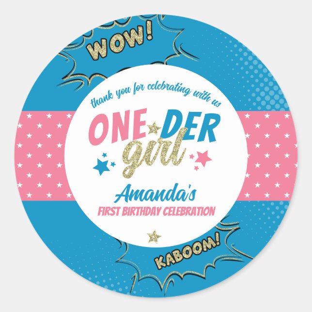 Onder Girl Pink and Blue First Birthday Classic Round Sticker (Front)