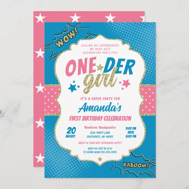 Onder Girl Pink and Blue First Birthday Invitation (Front/Back)
