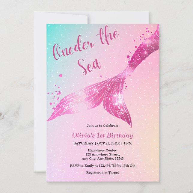 Onder the Sea Mermaid Baby Girl 1st Birthday  Invitation (Front)