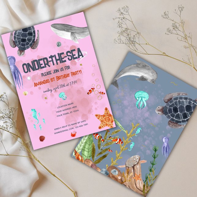 Onder The Sea Ocean Animals Pink 1st Birthday  Invitation (Creator Uploaded)