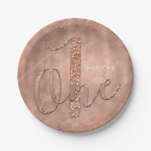 ONE 1st Birthday Faux Rose Gold Glitter Party Paper Plate