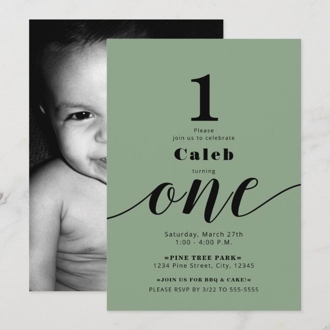 ONE 1ST Birthday Photo Any Colour Minimal Party Invitation (Front/Back)