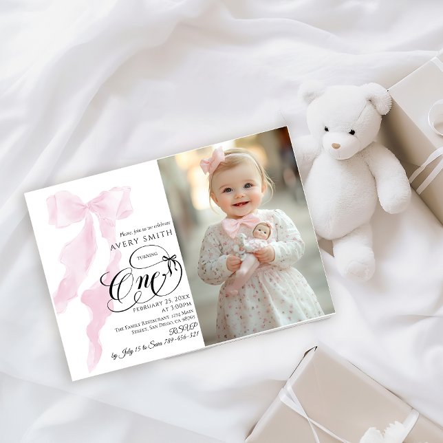 One 1st Birthday Pink Bow Girls Photo Invitation (Creator Uploaded)