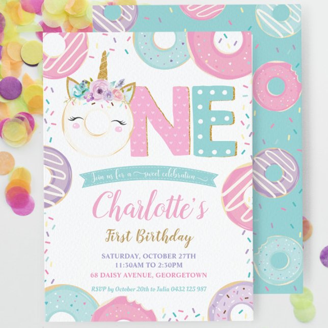 ONE 1st Birthday Unicorn Doughnuts Doughnuts Paste Invitation (Creator Uploaded)