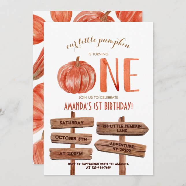 "One" 1st Birthday Watercolor Pumpkin Invitation (Front/Back)