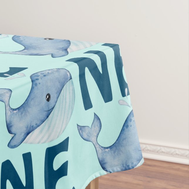 One 1st Birthday Watercolor Whale Pattern Tablecloth (In Situ)